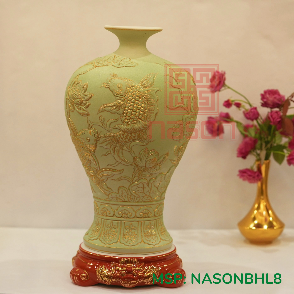 Đôi Lục Bình Thạch Anh: Vẽ Vàng Kim 24k cao 1,26m