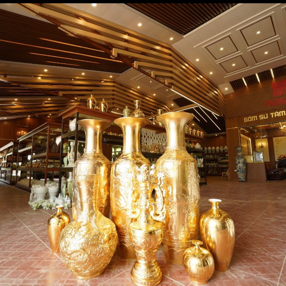 Đôi Lục Bình Thạch Anh: Vẽ Vàng Kim 24k cao 1,26m