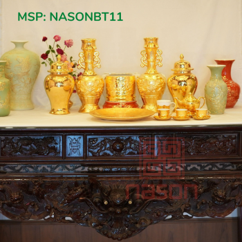 Bộ Đồ Thờ Ngũ Sự Gốm Sứ Thạch Anh Dát Vàng Và Lục Bình