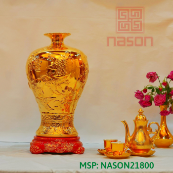 Bình Hút Lộc Thạch Anh Dát Vàng 24K Hoa Văn Nổi Sen Cá Chép