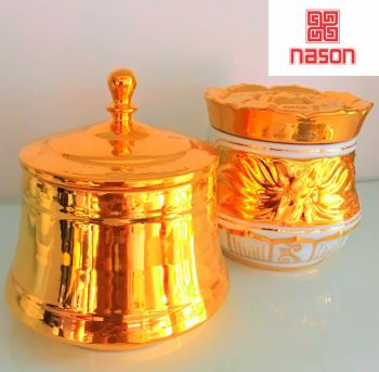 Âu vàng trơn phủ kín và vẽ tay hoa văn nổi vàng (Heraeus) của Đức