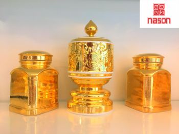 Lọ Hoa Thạch Anh Dát Vàng 24K 2 lớp hoa văn