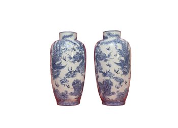 Đôi lọ hoa cổ ngắn chàm kim vẽ Long Ly Quy Phượng