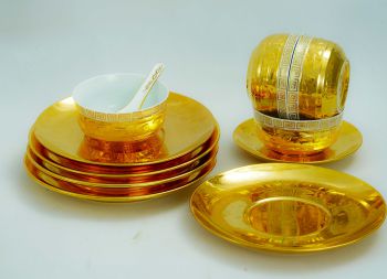 Bộ Đồ Ăn Bằng Sứ Thạch Anh Dát Vàng *hoa văn chìm vàng 2 lớp*