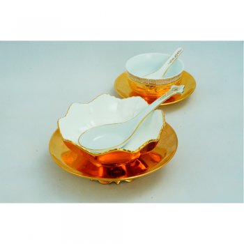Bát Tô Sứ Thạch Anh Dát Vàng 24K- Gồm 2 Sản Phẩm Bát Và Đĩa Kê